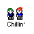 Pixel art of two cartoon figures with green and red hair, blue shirts, gray pants; text 'Chillin'' appears below them in multiple