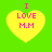 Four yellow heart-shaped icons with pink text "I LOVE M.M" on a bright green background, each icon has distinct pixelation patterns.