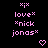 Pixelated pink text and symbols on black background, with two identical side-by-side layouts featuring 'xix', 'lovex', '*nick', 'jonas*', and a heart at bottom center.