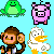 Four pixel-art characters arranged in a 2x2 grid on light blue background: green frog, pink pig, brown monkey, white duck with yellow beak and feet.