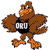 Pixelated brown bird-like character with orange beak and feet, wearing black shirt with white text, standing with arms outstretched against white background.