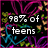 Animated icon with black background, pink and blue heart patterns, yellow accents, displaying sequential text fragments.