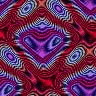 A static, pixelated pattern featuring symmetrical red and purple shapes with blue outlines arranged in a kaleidoscopic design.