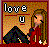 Pixelated static icon featuring a cartoon woman in red dress with long brown hair, dark green bushy object, and text elements on warm-toned background.