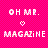 Pixelated text on a pink background reads 'OH ME.' above a heart symbol and 'MAGAZINE' below it.