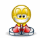 A yellow cartoon character with a white mask-like mouth and red shoes on ice skates performs sequential skating motions.