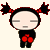 Pixelated character with black pigtails and red accents, wearing black outfit with red gloves, standing against light background.