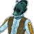 Pixelated character with dark blue reptilian head, brown vest over light blue shirt, and golden arm bands against gray background.