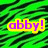 Pixelated text 'abby!' in purple with yellow outline on green and black striped background.