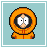 Pixelated character in orange hooded parka with red zipper, white eyes and black pupils on light blue background.