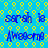 Blue text on a blue background with yellow circular patterns, repeating 'sarah is Awesome' in four identical sections.