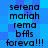 Blue pixelated background with repeated text "serena mariah rema bfIs foreva!!!" in black blocky font, arranged in two vertical