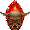 Pixelated demonic skull with horns and red eyes, engulfed in red-orange flames against gray background, animated sequence showing flame and skull transformations.