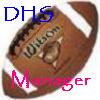 Brown football with white stripes, blue 'DHS' text top-left, pink 'Manager' text bottom, pixelated rendering.