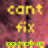 Pixelated static image with yellow and green text on a pinkish-purple gradient background.