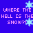 Blue background with repeated pink text 'WHERE THE HELL IS THE SNOW?!' and light blue snowflakes scattered across the image.