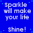 Blue background with white text repeating 'Sparkle will make your life' and 'Shine!' in a pattern, scattered light blue dots