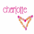 Pixelated pink text 'charlie.' above a heart-shaped necklace with orange and pink tones on white background.