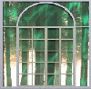 Animated sequence of arched windows with green-tinted glass, showing changing light and window pane configurations across frames.