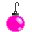 Six pixelated spherical ornaments with metallic hooks hang in two of three against a gray background, each ornament in distinct solid colors with light reflections