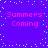 Pixelated text 'Summers Coming' repeated four times on a purple background with scattered cyan dots.
