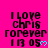 A bright pink background displays repeated text "I LOVE CHRIS FOREVER 11 05" with a cyan heart symbol, where the heart alternates between solid and outlined states.