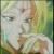 Pixelated character with blonde hair and a pink forehead gem, wearing white clothing against green background.