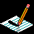 Pixelated pencil drawing animation on striped paper with black ink strokes, yellow-orange pencils with pink erasers against a black background.