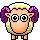 Pixel art sheep character with purple curly horns and yellow wool in six animated expressions on a gray background.