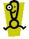 Pixelated character with single large eye, smiling face, and segmented body on yellow background in three poses.