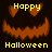 Pixelated Halloween pumpkin face with orange eyes and mouth, yellow text reading 'Happy' above and 'Halloween' below on dark background.