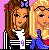 Pixel art contact sheet showing six frames of an animated buddy icon featuring two cartoon women in sports attire with visible text "Bowling Chicks Rule!" on a black background.