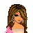 Pixel art contact sheet of a female character in various poses with pink floral accents and text boxes, displayed on a gray background.