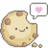 Pixelated cookie with brown spots, smiling face, and speech bubble containing pink heart on white background; four text blocks in pink pixel font on black background.