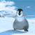 Pixelated penguin stands on snow with arms outstretched, then shifts weight to right leg while raising left leg in mid-step against blue sky with clouds.