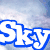 Four display the word 'Sky' in different colored outlines against a cloudy sky background, with the bottom-right blank