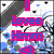Pixelated image with pink and blue text reading "Lovee Him" over a grayscale background featuring abstract shapes.