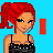 Animated contact sheet of a pixel-art character with red hair and black dress against blue background, showing frame-by-frame changes in facial expression and surrounding text elements.