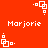 Red background with white pixelated text 'Marjorie' and repeating geometric shapes in a pattern