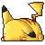 Pixel art contact sheet of seven frames showing a yellow cartoon character with black-tipped ears and red cheeks lying down in various poses, some displaying "Pika" text.
