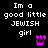 Black background with white pixelated text reading "Im a good little JEWISH girl" and four distinct pink pixelated symbols in different positions.