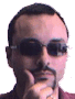 A person with dark hair and sunglasses appears in four sequential poses against a light gray background, showing hand movements near the face.