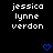 Pixelated text displays 'jessica lynne verdon' in white on black background with two blue heart icons below.