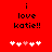 Red background with black text reading 'i love katie!!' and five white/pink pixelated hearts below.