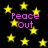 Yellow stars scattered across a black background with four instances of pink text reading "Peace Out" in pixelated font.