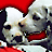 Pixelated cartoon dog wearing red Santa hat and red collar, head tilted right with open mouth showing teeth.