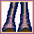Pixel art of six showing a character's legs, torso, head, and text elements in purple and blue tones