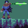Pixel art character in blue and brown attire stands on a platform, firing green energy beam from right hand.