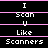 Pixelated text on black background with pink horizontal lines, displaying 'I Scan U Like Scanners' in white block letters across multiple
