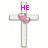A pixelated cross with pink hearts and text elements in pink, showing animation changes across frames.